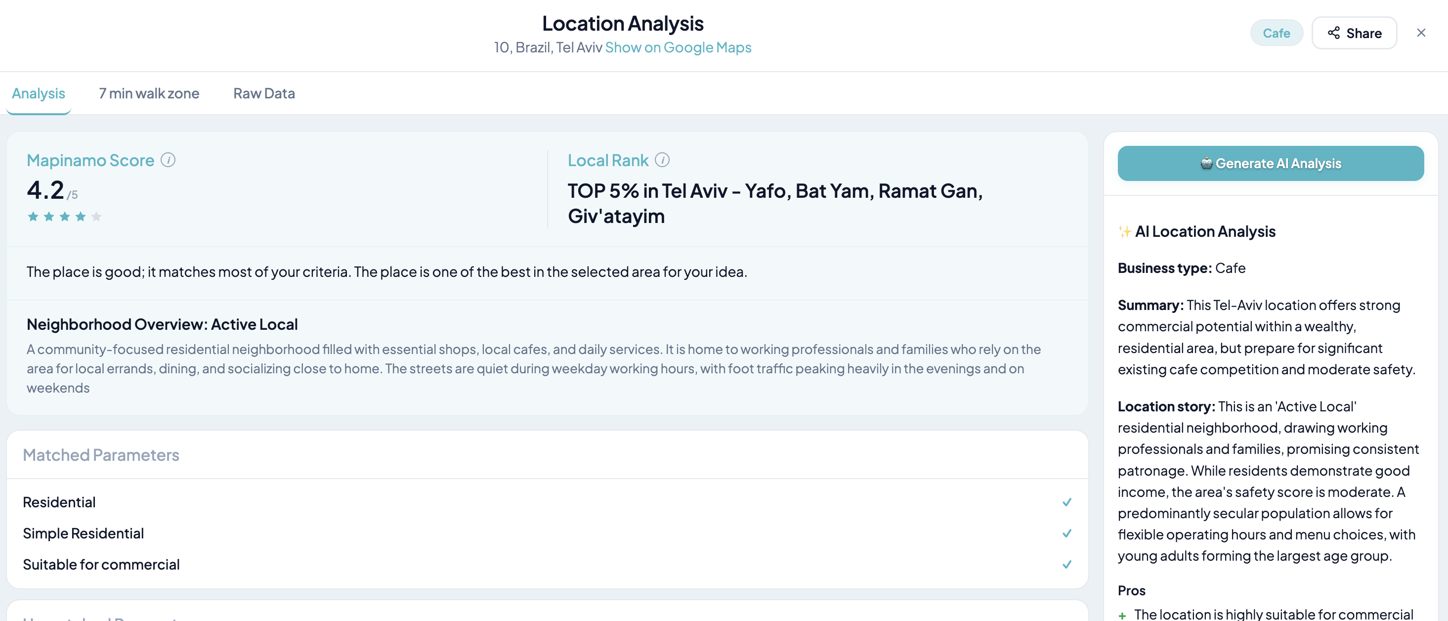 Mapinamo location analysis showing a 4.2 out of 5 score, neighborhood overview, competitor count, and matched criteria
