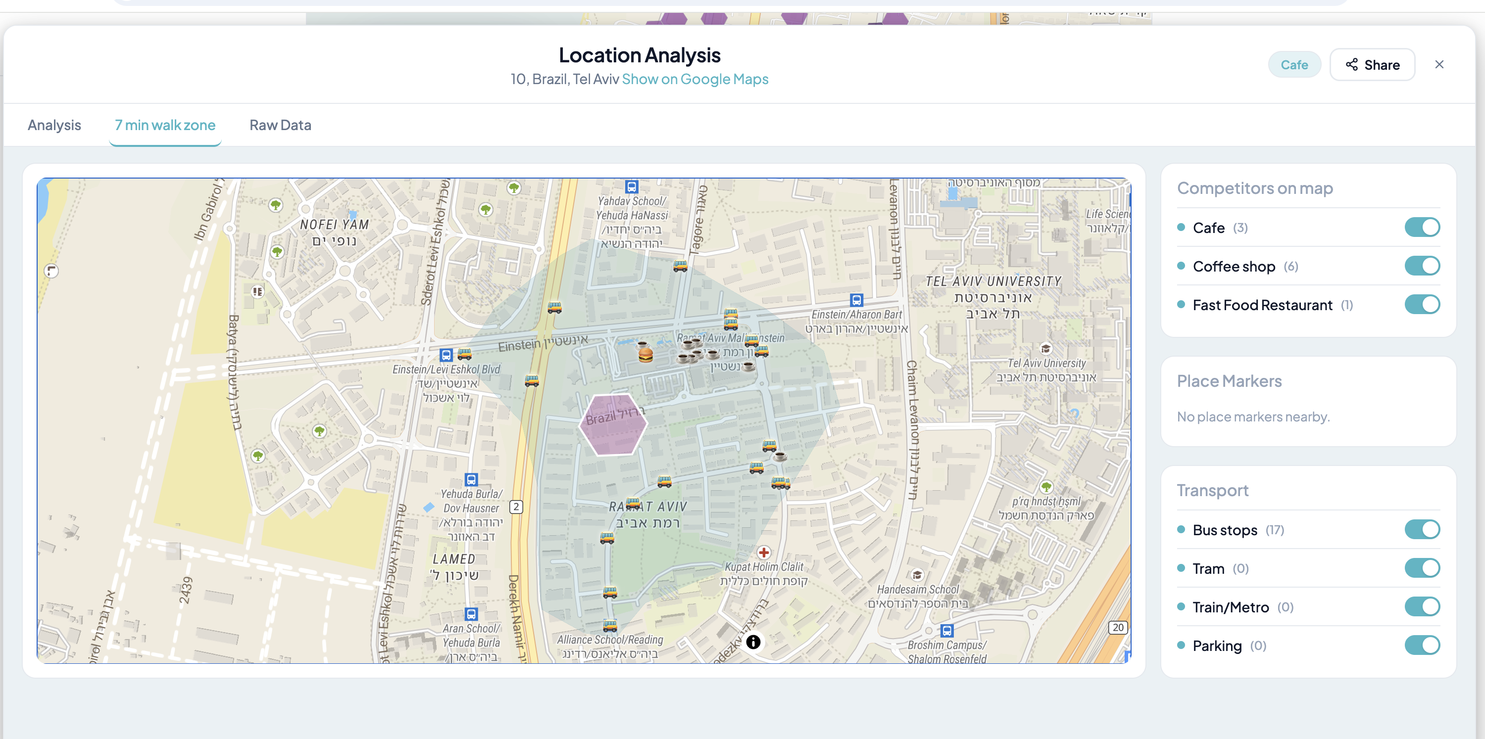Mapinamo seven-minute walk-zone analysis showing nearby cafes, transport, and competitors around a selected location